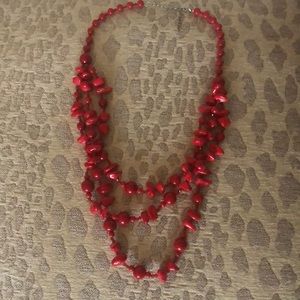 Red beaded three tier necklace